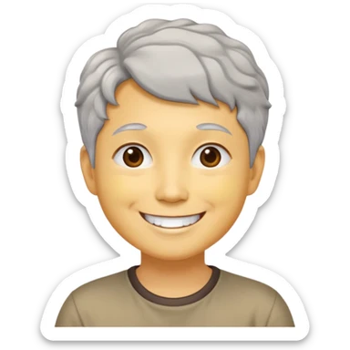 Bà lão 60 tuổi, da vàng, mặt tròn, tóc ngắn màu bạc, tóc hơi xoăn, mặt cười tươi vui vẻ, áo nâu sticker