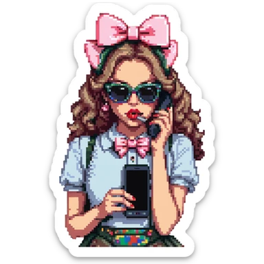Girl with huge lips, sunglasses, bow on her hair, holding a phone with attitude sticker