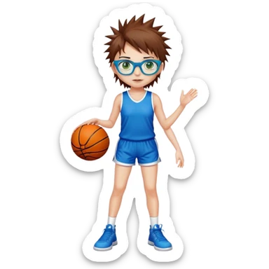 Full Body white Girl with basketball spikey short brown hair  wearing blue glasses with green eyes sticker