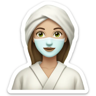 White girl with Brown hair and blue eyes wears a Green clay colored skincare textured mask and puts on cucumbers around her eyes while She relaxes in her white Robe sticker