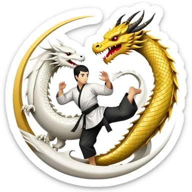 An icon symbolizing Eastern martial arts in the style of an emblem, featuring a black-and-white Yin-Yang symbol and a dragon at the center. A martial artist is performing a fluid kick, surrounded by elements like a dojo and bamboo. Transparent background highlights balance and power. sticker