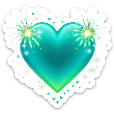 emoji: teal and neon green gradient heart with sparklers and firework confetti from behind. sticker