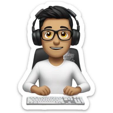 white boy with dark hair and glasses wearing gaming headset and sitting at desk on desktop computer   sticker