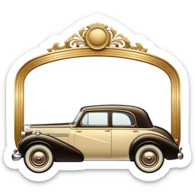 Vintage 1950s classic car side profile silhouette, 
art deco ornamental frame around it, 
aged gold and cream tones, retro chrome badge, 
timeless elegance, old world prestige sticker