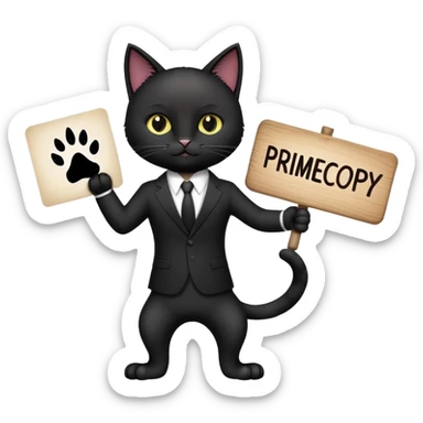 A black cat in a black business suit holds a sign with the inscription "PrimeCopy" in one paw sticker