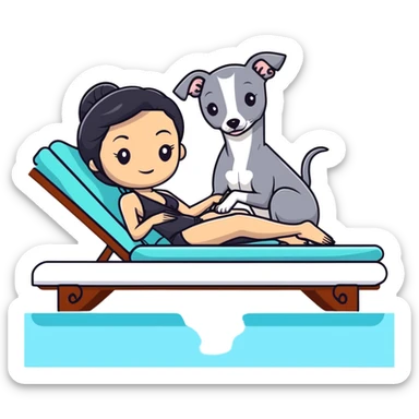 Very thin and slim Chinese woman with long black hair in elegant pool attire relaxing on a comfortable spa lounger at a luxury spa pool with only ONE Italian greyhound that is COMPLETELY solid dark grey with ABSOLUTELY ZERO white markings anywhere - 100% uniform dark grey color only - the single dog is relaxing on or beside the lounger sticker