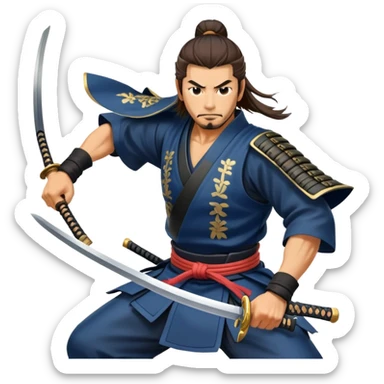 japanese samurai with two swords, dynamic action pose sticker
