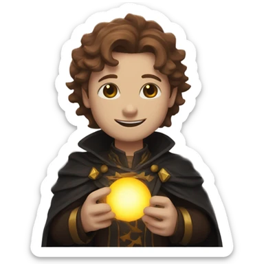 A sun warlock who is pale with brown hair and is holding a black kitten sticker