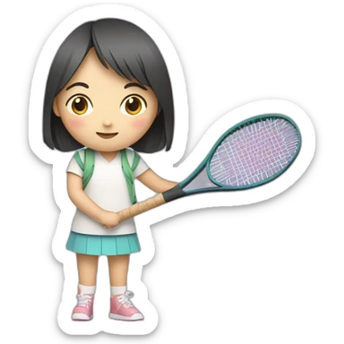 a little chinese girl hugging a tennis racket in paper art style sticker