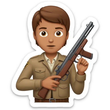 White guy with brown hair holding a gun like a cop would sticker