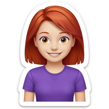 Young girl with red hair, wearing a purple T-shirt, with a smiling face sticker