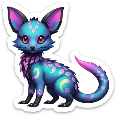 Rare neon iridescent white exotic cute epic aesthetic gothic colorful Salandit-Eevee-Civet-species-Fakemon-hybrid-creature, with intricate tattoo markings, full body sticker
