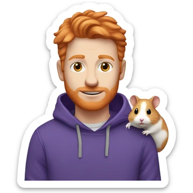 ginger man with blue eyes wearing purple hoodie holding a white hamster sticker