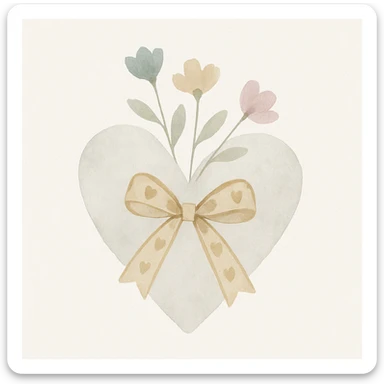 watercolor heart with flowers, gold bow with heart pattern on the bow, watercolor style sticker