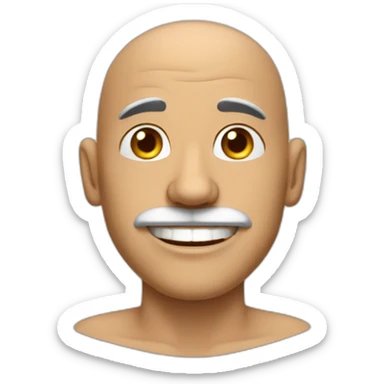 Bald man with big mustache and tan skin and a big smile and sticker