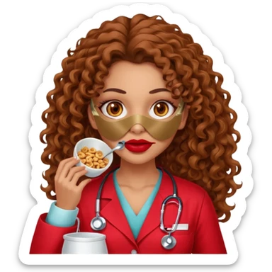 Sensual Spanish Lilith core evil surgeon.red outfit.  Surgeon has hazel eyes. Her hair is BROWN. Hair is also  long and  curly. wearing a sexy surgeon outfit with platform heels.she is a calculated smart cereal killer. She covers only her mouth and nose to hide identity  sticker