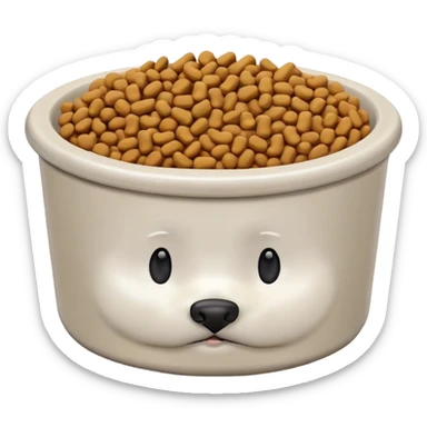 pet food bowl with, the food is piled on top of the bowl where it is so full sticker