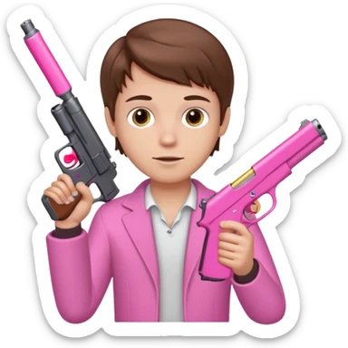 White boy brown hair hand  holding pink gun sticker