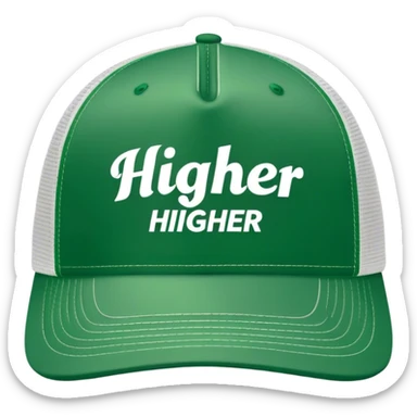 green higher trucker hat with center text "HIGHER" written on it,  white center sticker