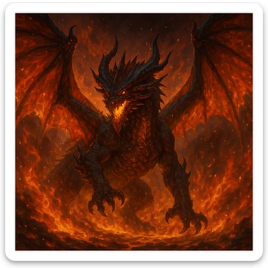 fire lord dragon, wings spread wide, fiery background, fantasy style, majestic fantasy illustration sticker