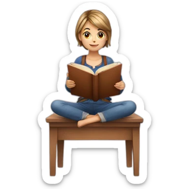 european girl seats with a book sticker