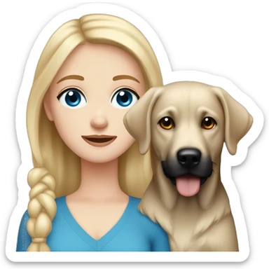 White skinned girl with medium length blonde hair and blue eyes with a black lab dog with a little bit of brown in his fur sticker