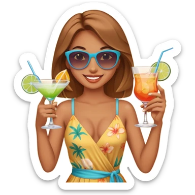 Professional sexy woman smiling holding cocktail posing in shades  and flashing peace sign sticker