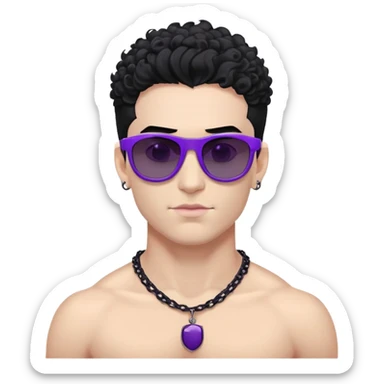 shirtless male athlete with white skin and moderately curly black hair on top with shaved sides, wearing purple sunglasses with very dark heavily tinted black lenses, and a simple plain black chain necklace, no earrings or other jewelry sticker