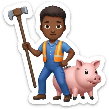 Black man holding a large hammer while riding a pig sticker