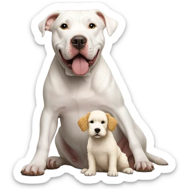 White pitbull that is huge with tiny golden doodle sticker