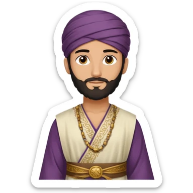 
-Apariencia: Joven de unos 25-30 años, atractivo,.
-Rostro: Ojos oscuros, piel ligeramente morena, rasgos árabes finos.
-Cabello: Negro, algo rizado o suelto, con barba fina.
-cuerpo entero  puede llevar una túnica más oriental, con faja y turbante sencillo con sandalias sticker