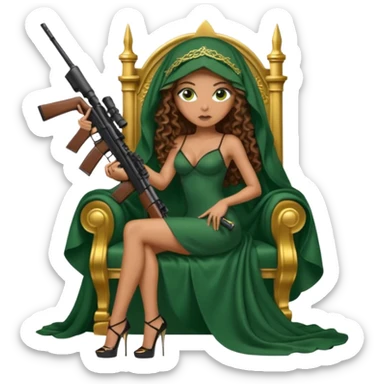 Drug dealer female green eyes symbol.  hair is brown curly long hair. sexy long with long dress and face veil on that covers her mouth only. black stiletto platform high heels shoes on. Holding sniper rifle sitting on a gold throne. sticker