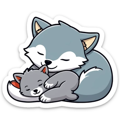 cute baby wolf sleeping with a little wolf stuffed animal sticker