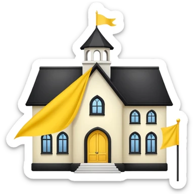 simple magic school, white background, magic school, black roof, with a big flag, big flag on a roof, big yellow flag, white school sticker