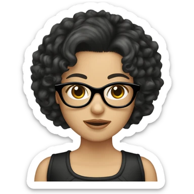 A White girl with medium length curly black hair and glasses holding a Yorkie  sticker