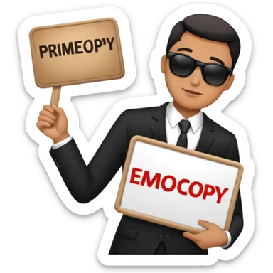 A man in a black suit and black sunglasses holds a sign that says PrimeCopy sticker