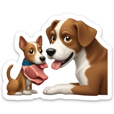 A dog holding a child and eating steak sticker