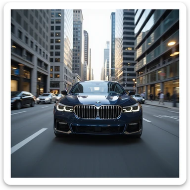 BMW Series 7 2022 driving through a cityscape, realistic lighting and reflections, photorealistic style sticker