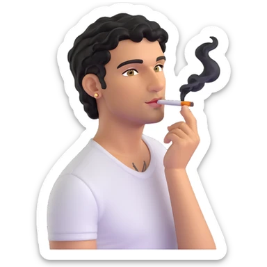 Italian man with tanned skin, curly black hair in short bob style, stubble, olive eyes, gold earring in left ear, white t-shirt, black tattoo on forearm, smoking cigarette sticker