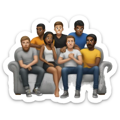 Girl on a couch surrounded by 6 guys sticker