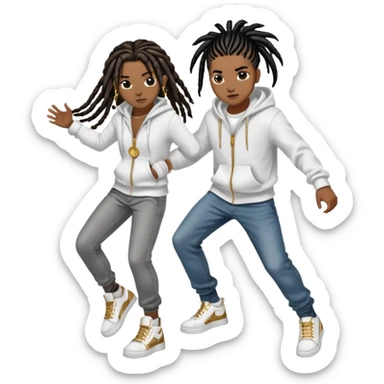 brownskin boy with black  dreads wearing white hoodie with grey jeans and white shoes and a gold circle chain fighting darkskin girl with 8 long black french braids with brown highlights wearing black zip up and black jeans with black and white shoes. the boy is winning sticker