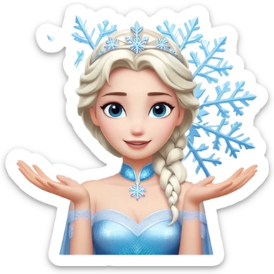 Cinematic Elegant Elsa Portrait Emoji, Standing gracefully with snowflakes forming in her hands, a soft yet confident smile, frosty shimmer surrounding her, a queen in perfect icy splendor! sticker