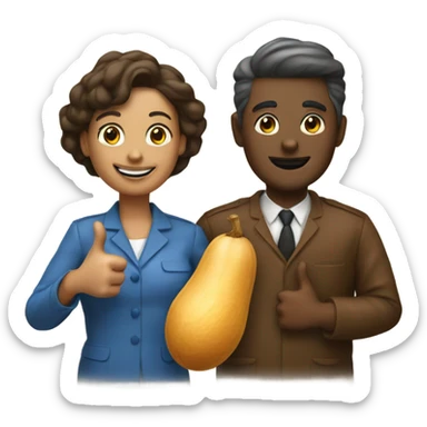 Man and woman next to a peanut giving a thumbs up sticker