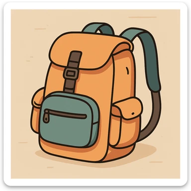 a compact hiking backpack with visible straps and pockets, lightweight look, flat toon style illustration sticker