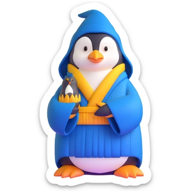 A penguin wizard with a serious expression, wearing a dark blue robe, hands clasped together sticker