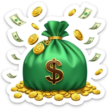 

3D emoji style, big bag of money, flying dollar bills, rich casino vibe, smooth lighting, high detail, clean edges, transparent background



 sticker