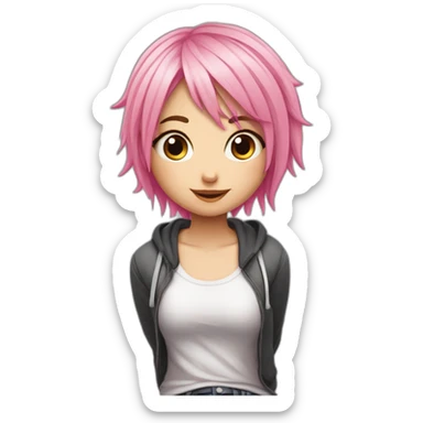 full body Front view curvy emo girl pink hair sits on the floor straight view hands up черная юбка белые трусики рваные полосатые чулки sticker