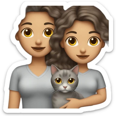 A wite skin woman with long wavy dark brown hair holding a grey cat sticker