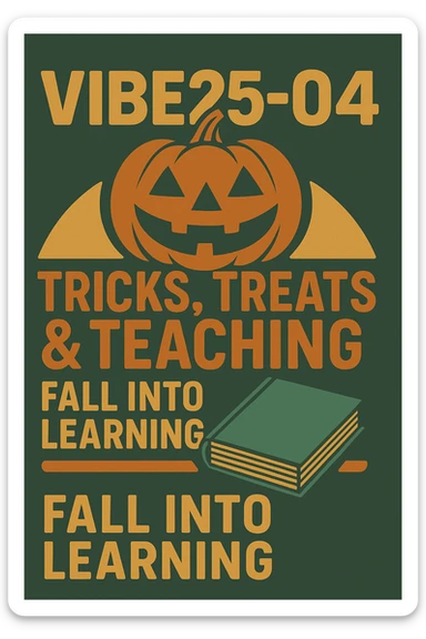 Create a logo that uses both of these images.  Words should read "VIBE25-4: Tricks, Treats & Teaching, Fall into Learning" sticker