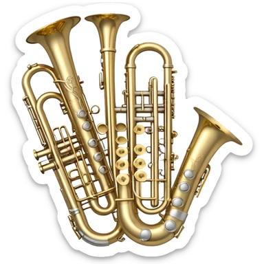 Create a complex, festive, and professional emblem-like emoji representing wind instruments. The design should resemble a heraldic crest, featuring iconic brass and woodwind instruments such as a trumpet, saxophone, clarinet, flute, trombone, and tuba, symmetrically arranged in a balanced composition. A flowing ribbon of musical notes should elegantly weave around the instruments, intertwining with their curves, bells, and mouthpieces, creating a dynamic and harmonious effect. The instruments should have rich metallic tones—gold for brass and silver for woodwinds—with polished highlights and intricate details on the keys and valves. Decorative elements such as elegant scrollwork, laurels, or subtle engravings should enhance the grandeur of the design, making it look celebratory and prestigious. The overall composition should be visually complete, refined, and suitable as a standalone emblem. The background should be transparent. sticker